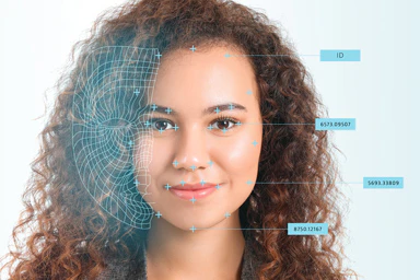 Bei einer jungen Frau wird ein Gesichtsscan mit biometrischer Technologie durchgeführt.