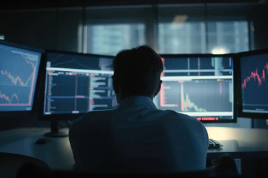 Eine Person sitzt vor mehreren Computerbildschirmen.