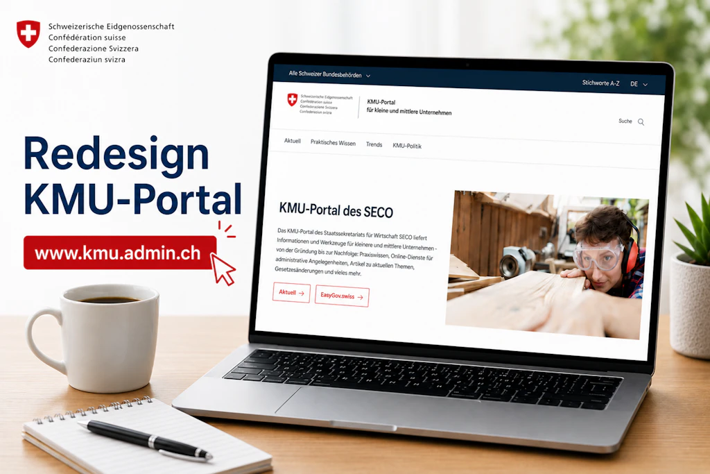 aufgeklappter Laptop mit Home-Seite des  redesignten KMU-Portals