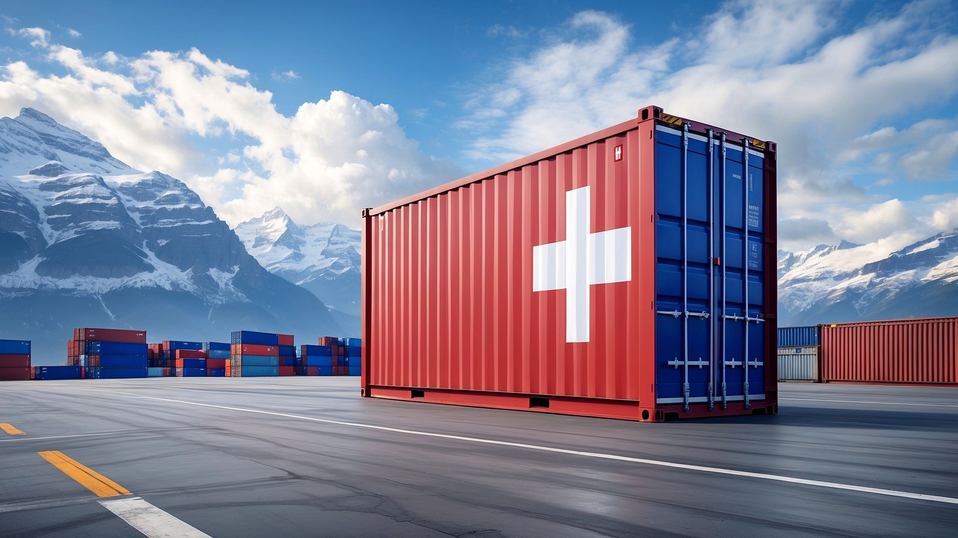 Ein Container mit dem Schweizer Kreuz, weitere Container und Berge im Hintergrund.