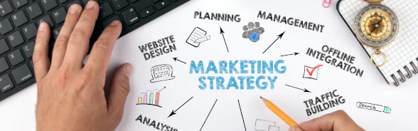 Eine Person zeichnet auf einem Tisch ein Mindmap zum Thema Marketing.