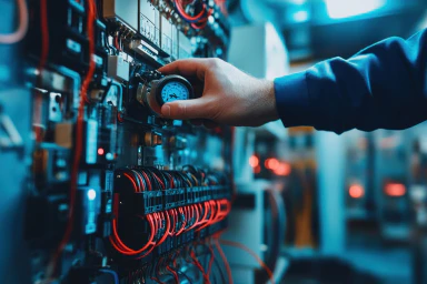 A person in front of a machine holding a measuring device.