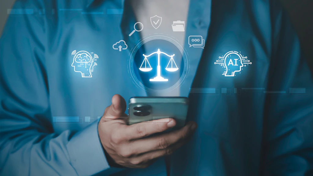 Close-up view of a person using a smartphone, with icons representing justice and a head containing the abbreviation AI