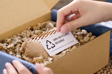 A “100% recyclable and reusable” label on a cardboard box.
