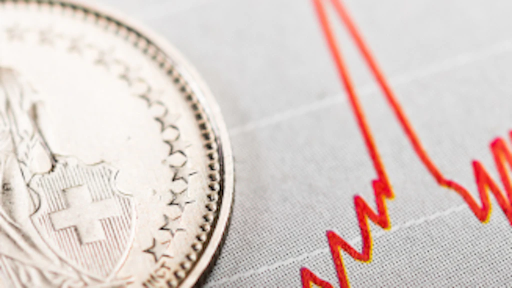 A swiss coin, a graph of stock exchange prices in the background.