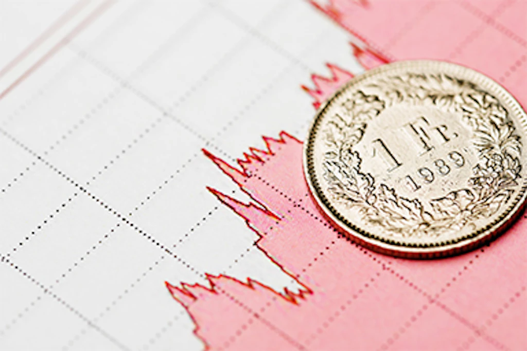 One-franc coin on stock market chart