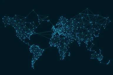 A world map outlined in dotted blue patterns.