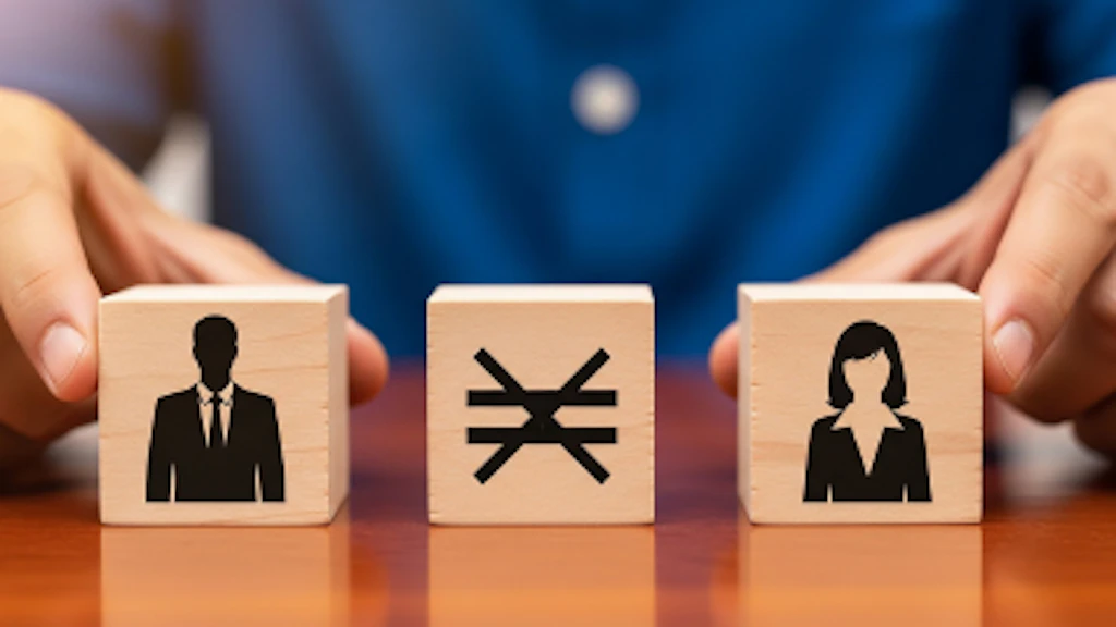 Three cubes featuring pictograms of a man, a crossed-out equal sign and a woman.