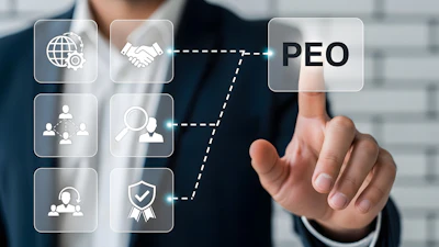 Pictograms relating to human resources and a person pointing to the abbreviation PEO, referring to a company outsourcing its HR functions.
