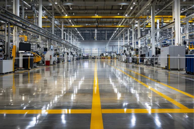 A hall with yellow lines on the floor and machines on the sides.