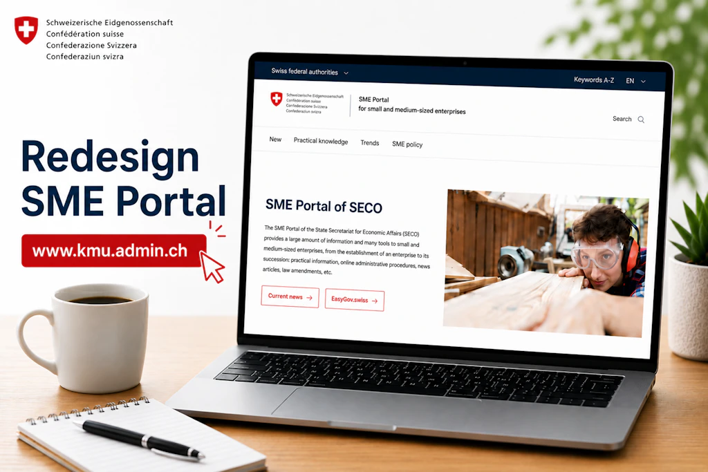 Open laptop displaying the home page of the redesigned SME portal