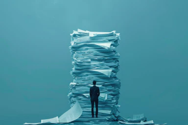 A man with his back to a pile of leaves higher than him.