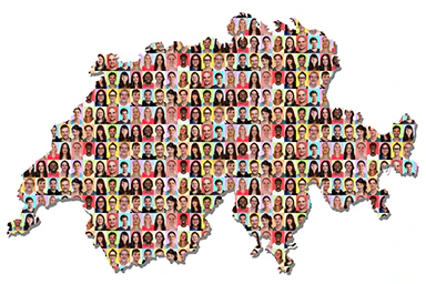 A map of Switzerland with portraits of people from various nationalities.