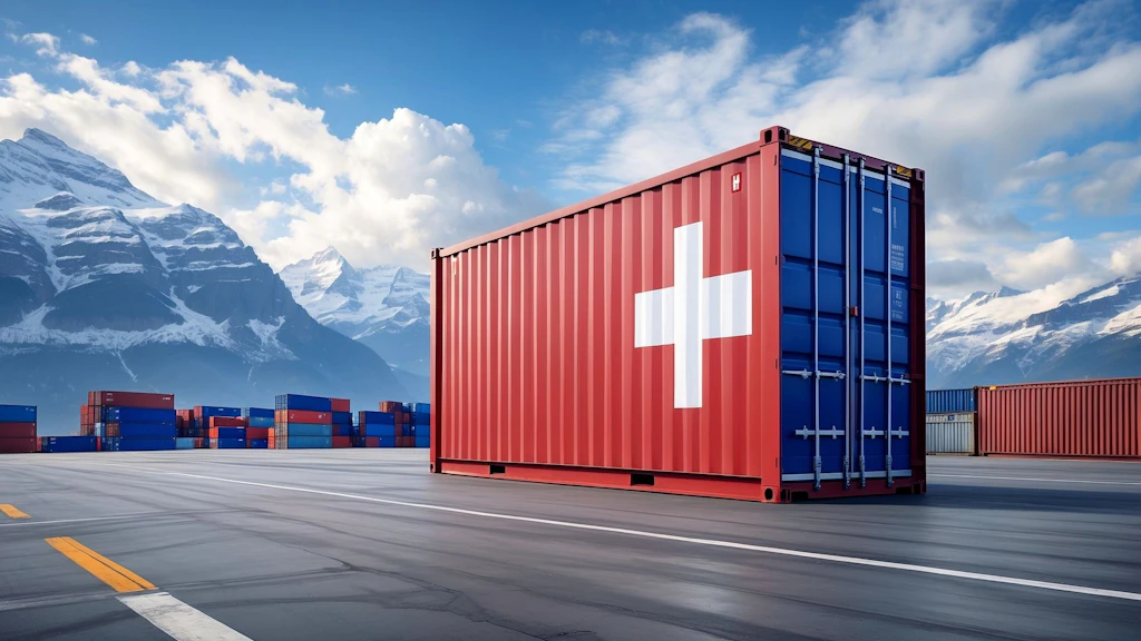 A container bearing the Swiss cross, with other containers and mountains in the background.