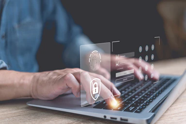 A person on a computer with fingerprint and lock pictograms.