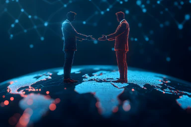 Two people standing on the surface of the globe shaking hands.