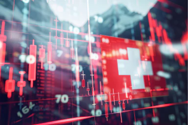 Swiss flag with a background of mountains and pictograms.