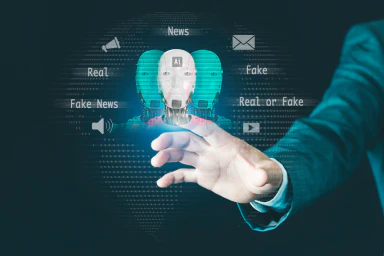 A person clicks on a robot's head, surrounded by pictograms and the words Real and Fake.