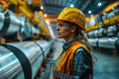 A woman wearing a helmet and goggles in an industrial hangar.