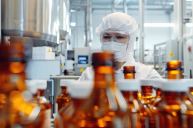 Une personne munie de lunettes, d’un masque et d’une combinaison dans une usine.