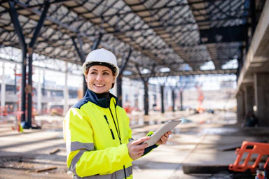 Une femme avec une tablette à la main, sur un chantier.