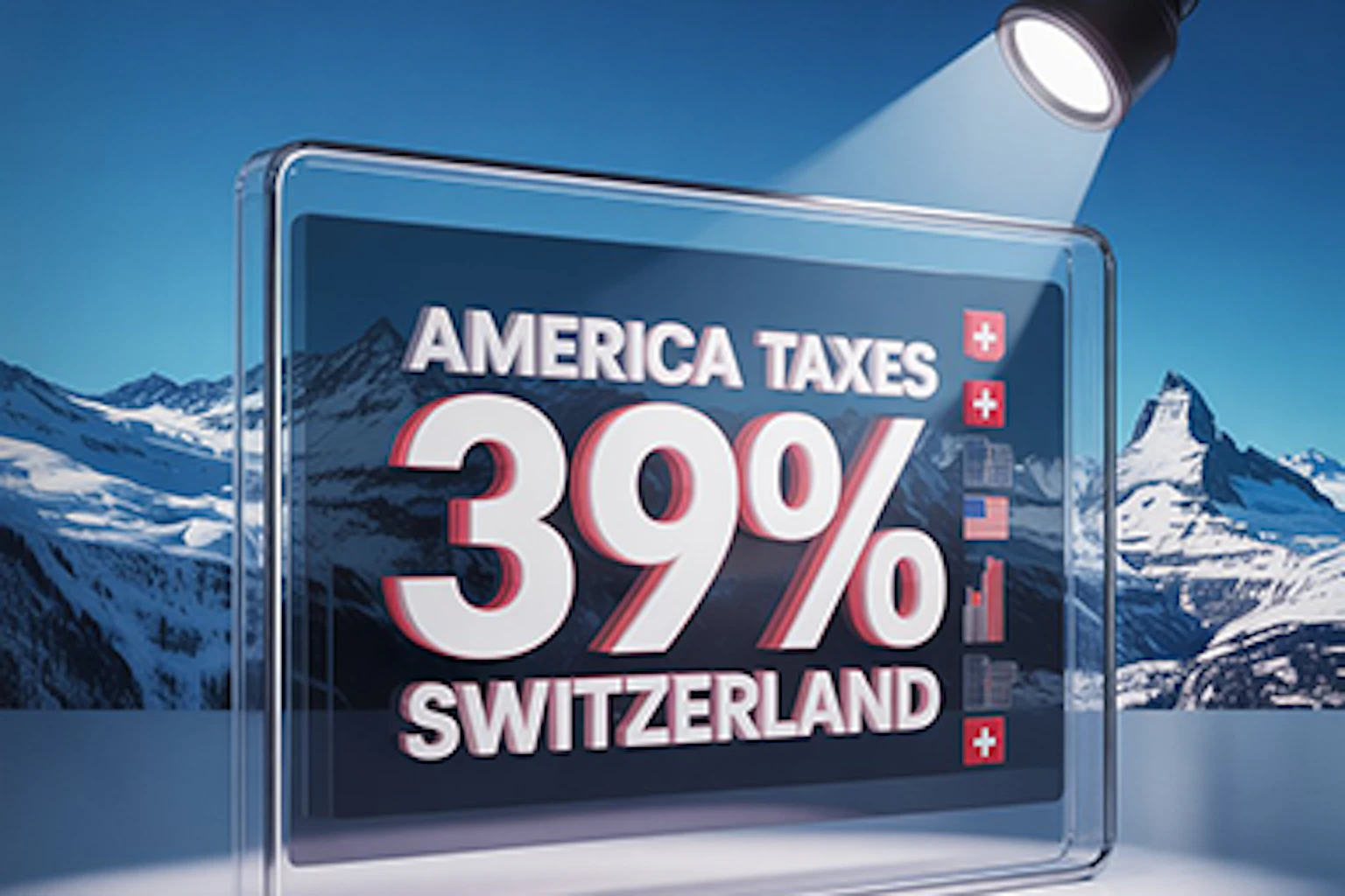 Devant le Cervin, un panneau affiche le texte « AMERICA TAXES 39 % SWITZERLAND » avec les drapeaux américain et suisse.