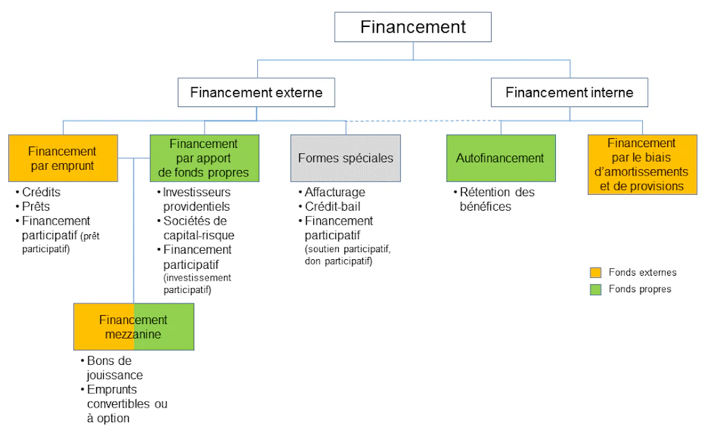 Schéma. Montre les différentes formes et sources de financement, internes et externes