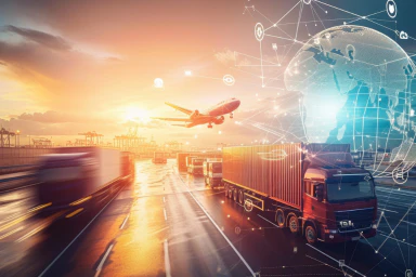 Des camions sur la route, un avion et un globe avec un coucher de soleil.