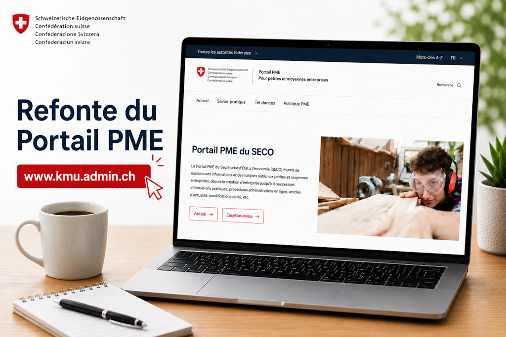 ordinateur portable ouvert affichant la page d'accueil du portail des PME remanié