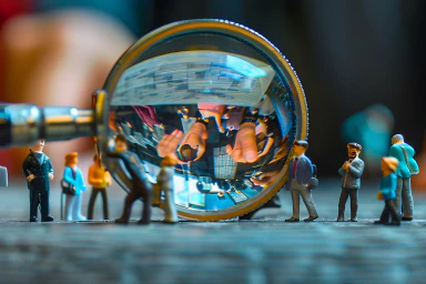 Une loupe montre plusieurs personnes sous forme de figurines.