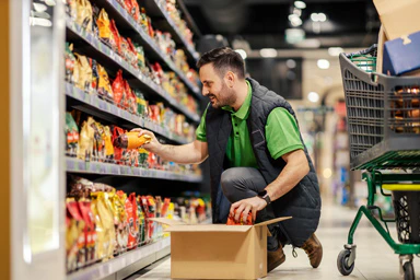 Un employé dispose des denrées alimentaires dans les étalages.