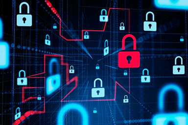 Plusieurs cadenas holographiques sur fond de technologie.