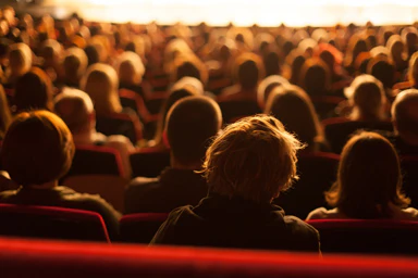 Des personnes de dos sont assises dans une salle.
