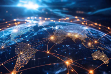 La moitié du globe terrestre avec des lignes dorées qui relient différents points.