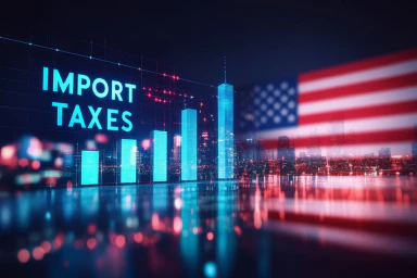 Un graphique en colonnes avec la mention IMPORT TAXES et le drapeau américain.
