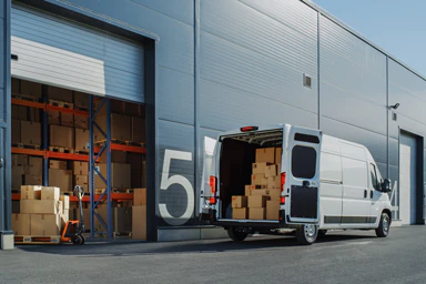 Un camion de livraison avec le coffre ouvert devant un entrepôt.
