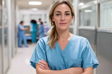 Une femme souriante portant une blouse médicale.