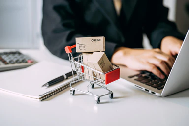 Una persona sta lavorando al suo computer, con accanto un carrello della spesa e delle scatole di spedizione in miniatura.