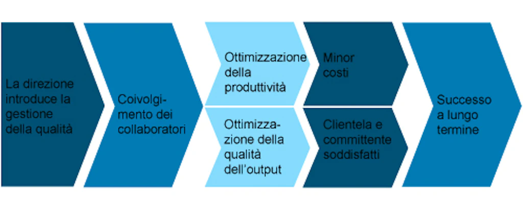 Schema: descrive gli effetti dell'introduzione di un sistema di gestione della qualità che, ottimizzando produttività e qualità dell'output e contribuendo alla diminuzione dei costi e al livello di soddisfazione del cliente, porta al successo a lungo termine.