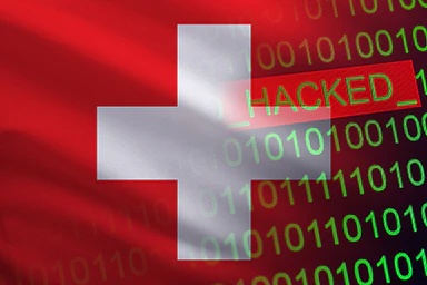 La bandiera svizzera con un sistema binario e il termine HACKED in verde.