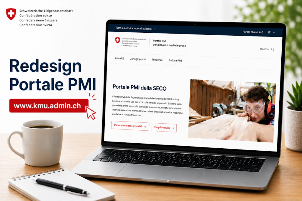 portatile aperto con la pagina iniziale del portale per le PMI riprogettato