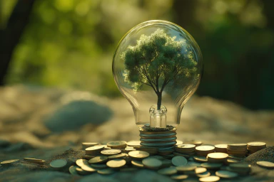 Un albero contenuto in una lampadina poggiata su delle monete.