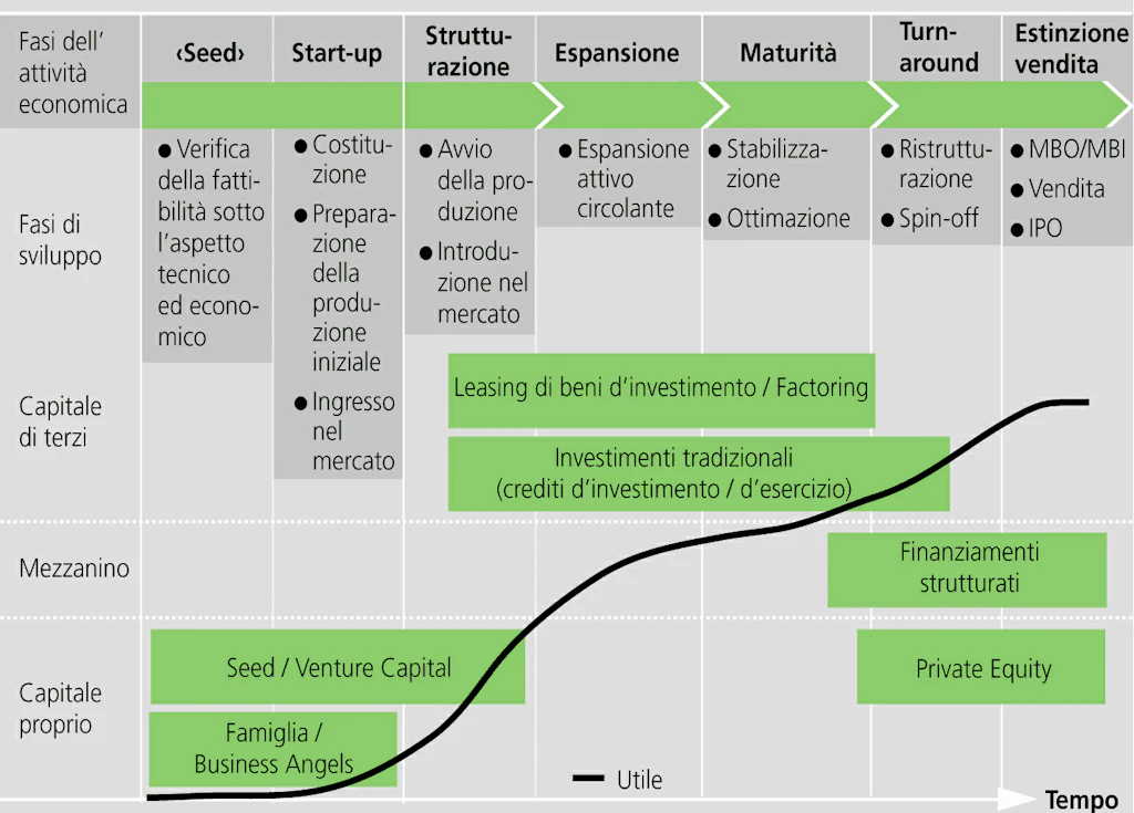 Schema. Descrive lo sviluppo finanziario di un'impresa dalla creazione alla maturità e alla vendita o cessazione, con una curva ascendente per quanto riguarda il profitto, con fasi di stallo alla maturità e di ripresa, ad esempio in seguito ad una ristrutturazione o creazione di uno spin off. Sono anche illustrate le diverse forme di partecipazione finanziaria con capitale proprio o capitale di terzi e la loro evoluzione nel tempo.